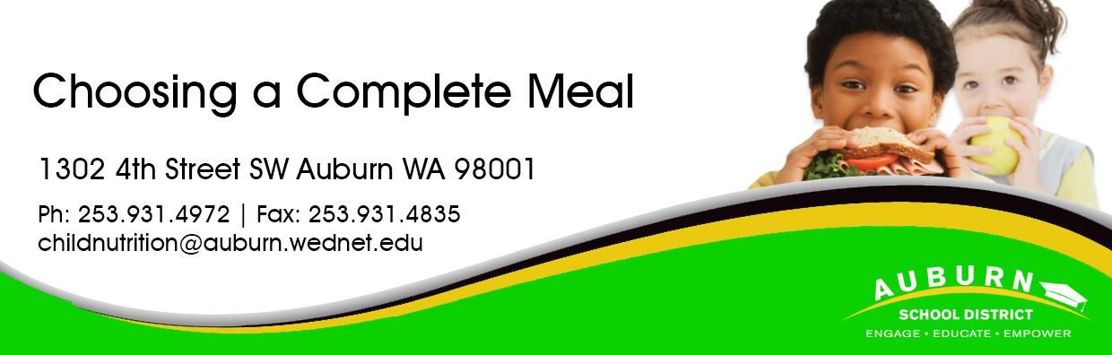 Complete Meal Web Banner - Boy eating sandwich, girl eating apple. 
