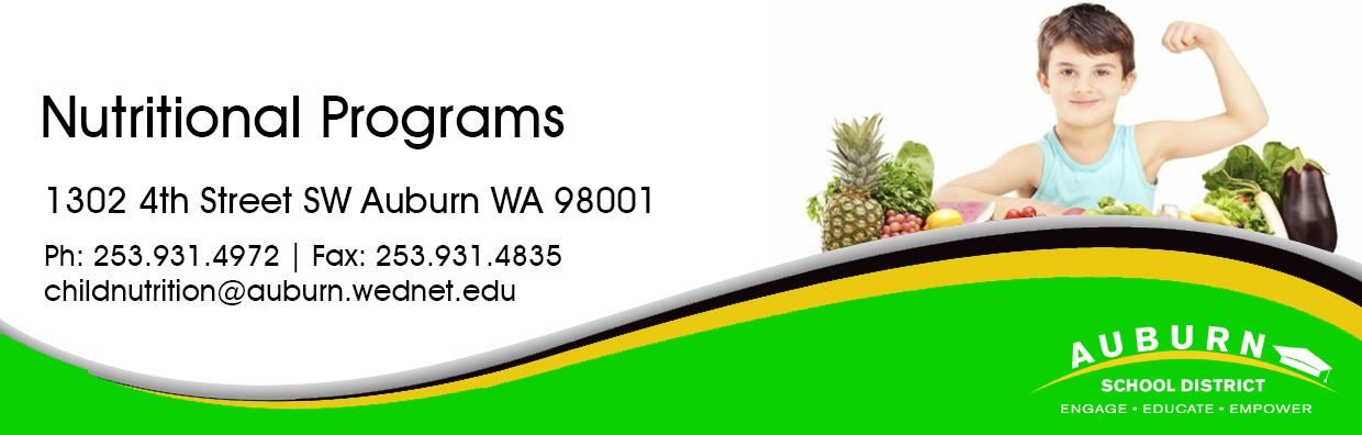 Nutritional Programs Web Banner - Boy flexing bicep, fresh fruits and vegetables. 