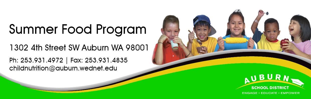 Summer Food Program Web Banner - Kids eating and drinking various foods and beverages. 