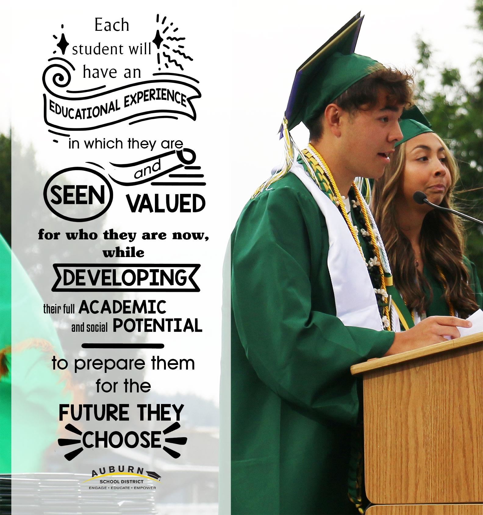 Boy and girl graduates speaking at graduation at a podium. Equity vision statement displayed down left side of page.