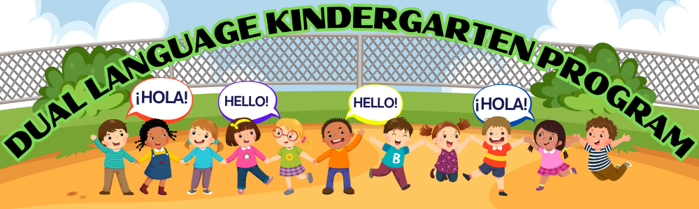 Dual Language Kindergarten Program Web Banner - Kids playing in the playground saying Hello! and Hola! to each other.